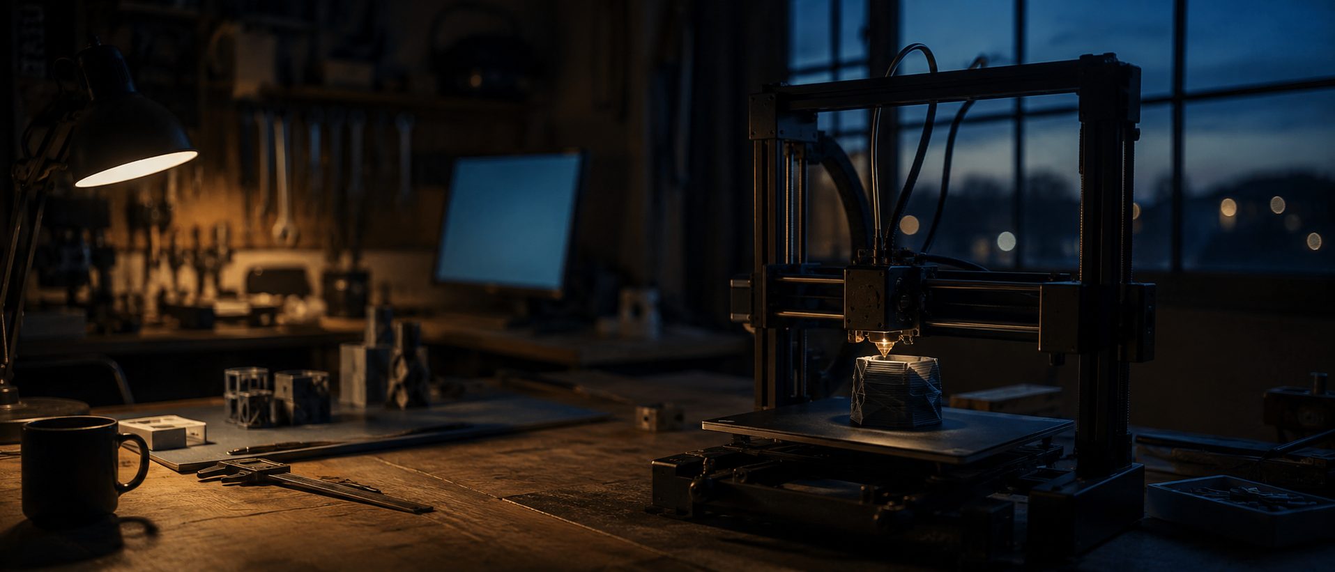 Werkstatt bei Abendlicht: Arbeitstisch mit Werkzeug, Lampe und laufendem 3D-Drucker