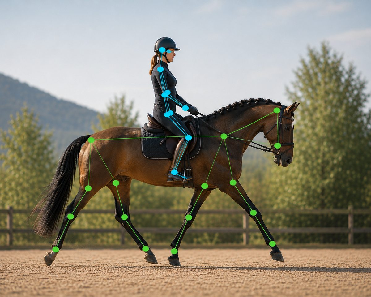 Reitanalyse: Reiterin im Trab, Reiter und Pferd mit eingezeichneten Messpunkten der Pose-Erkennung