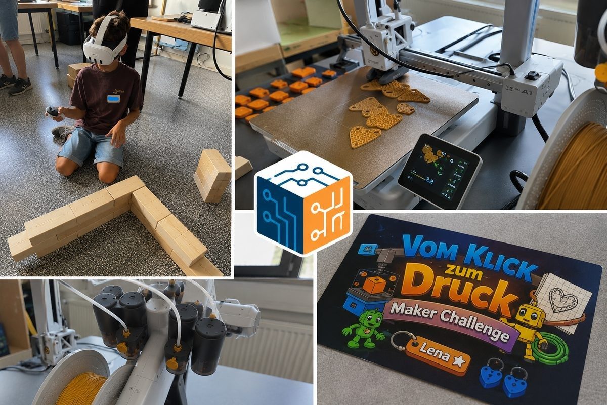 ThinkLab: Schüler mit VR-Brille beim Bauen, 3D-Drucker im Betrieb, Roboterarm und ein bedrucktes Mauspad der Maker Challenge